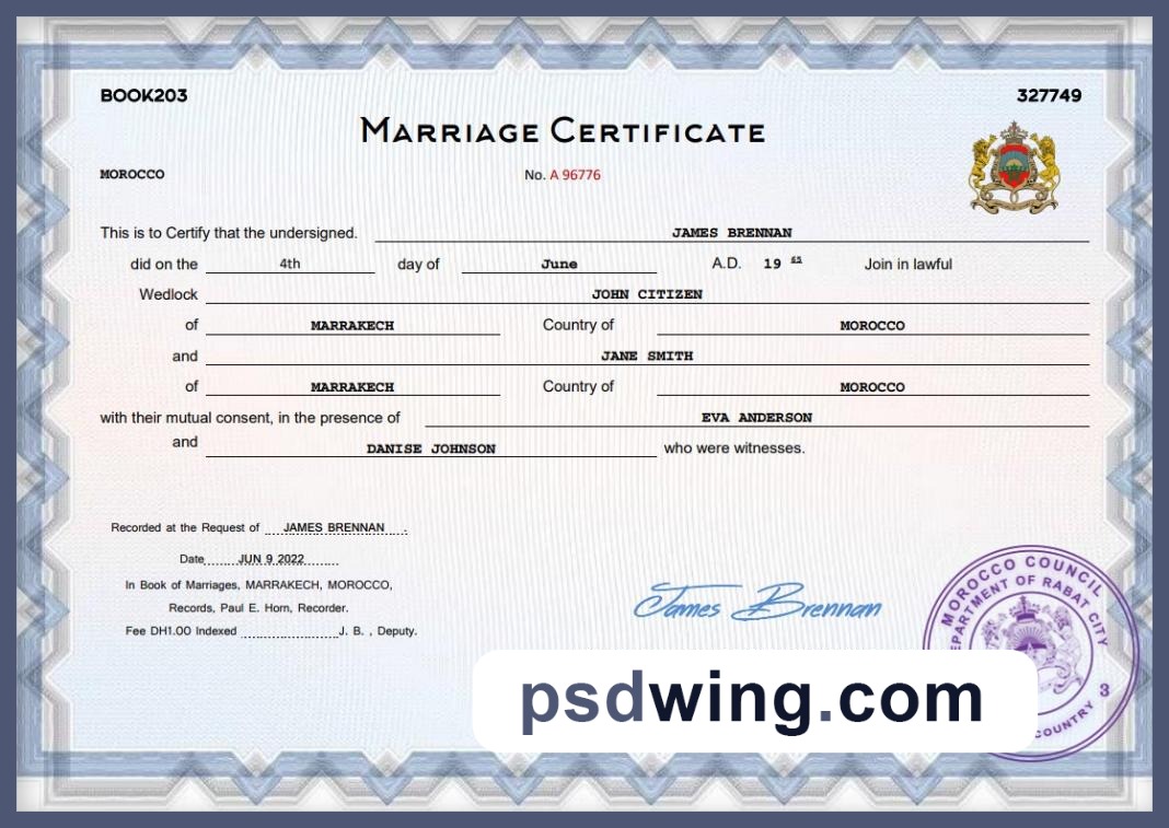 Morocco Marriage Certificate (Word & PDF)